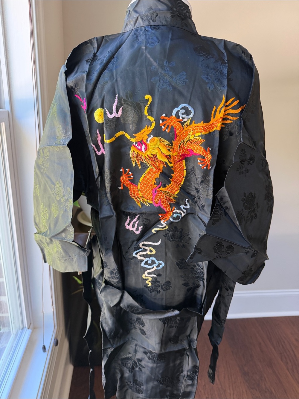 Black Satin Embroidered Dragon Kimono-Style Robe